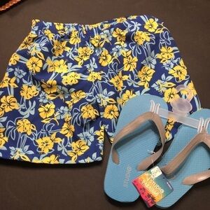 New boys swim trunks and sandals